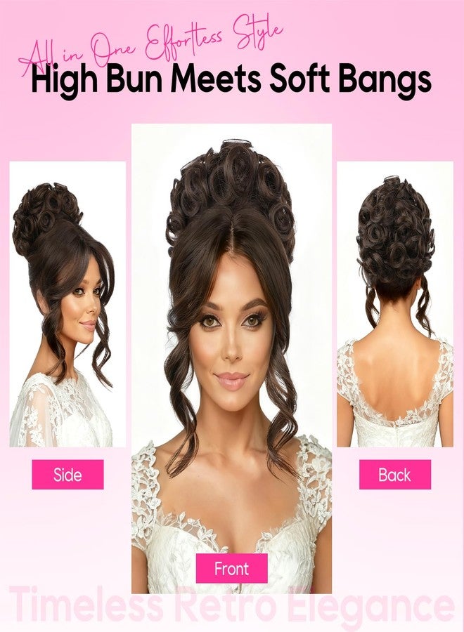 REECHO Messy Bun Hair Piece with Bangs - 2-in-1 Hair Bun Hairpieces Curly Updo Wig & Hair Topper with Long Side Bangs Natural-Looking Drawstring Ponytail Extension for Women - Black Brown - Image 2
